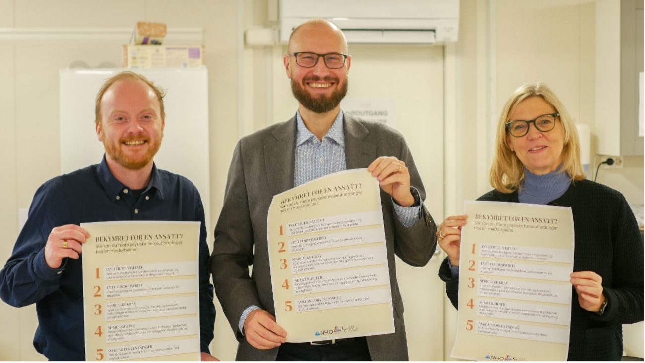Landsleder i Mental Helse, Ole-Marius Minde Johnsen, president i Psykologforeningen, Håkon Kongsrud Skard, og direktør for arbeidsliv i NHO, Nina Melsom.
