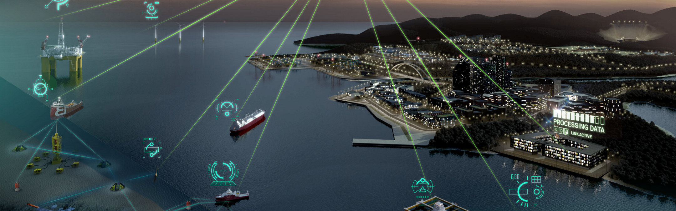 Illustrasjon av satelitt som har kontakt med ulike innstallasjoner på sjøen