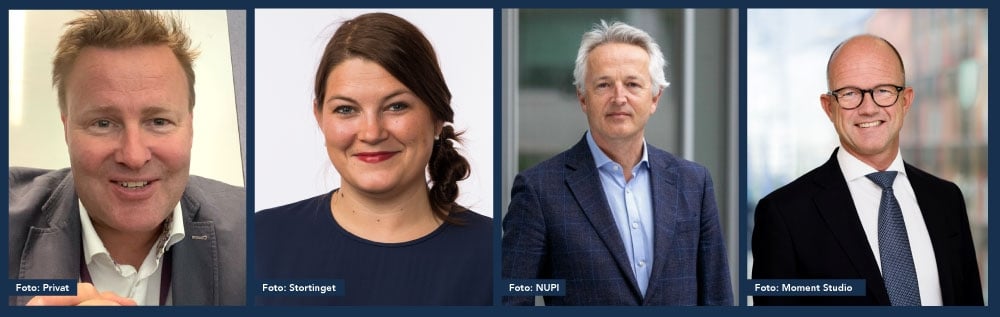 Collage med profilbilde av fire innledere. Fra venstre:  Espen Rostrup Nakstad, lege, jurist og forsker, Cecilie Myrseth, Næringsminister (Ap), Ulf Sverdrup, professor ved Institutt for rettsvitenskap og styring ved Handelshøyskolen BI, Ole Erik Almlid, administrerende direktør i NHO