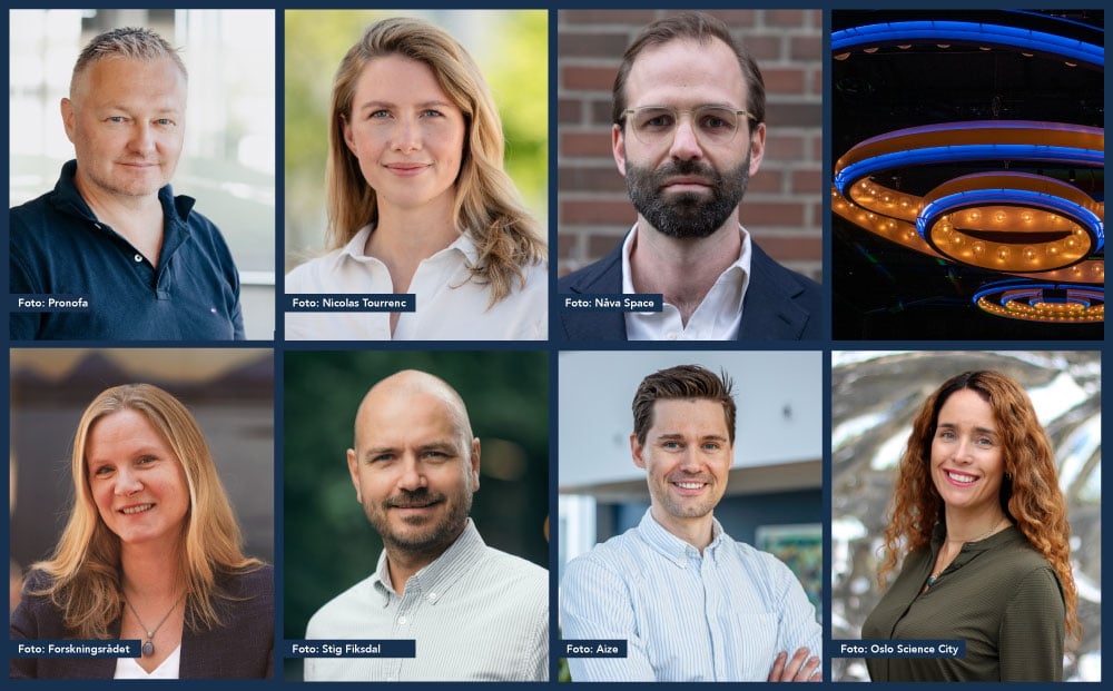 Bildecollage av syv innledere. Øverst fra venstre: Hans Petter Olsen, CEO i Denofa og  "spin-off"-selskapet Pronofa, Live Nova Næss, CEO i Sunphade, Christoffer Bauer, CEO og medgründer av Nåva Space. Nederst fra venstre:  Mari Sundli Tveit, administrerande direktør i Forskningsrådet, Per Kristian Næss-Fladset, konserndirektør for produkter, data og innovasjon i DNB, Jarle Skrebergene, CEO i Aize, Christine Wergeland Sørbye, administrerende direktør i Oslo Science City