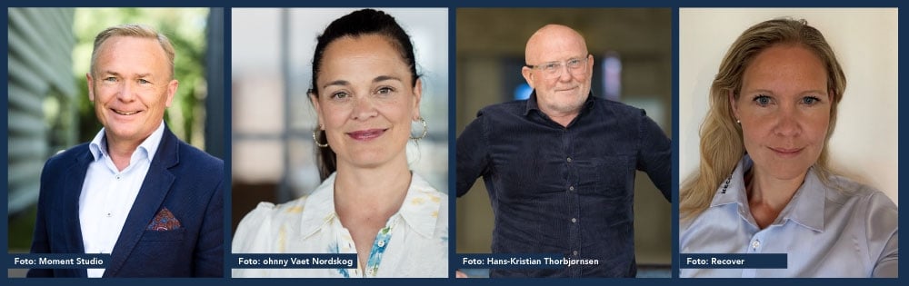 Bildecollage av fire innledere. Fra venstre:  Odin Johannessen, direktør for Næringslivets Sikkerhetsråd, Liv Dingsør, administrerende direktør i Digital Norway, Jørund Li, ordfører i Ål kommune, Marita Andersen, Service Excellence Director i Recover