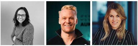 Bildecollage, fra venstre: Anjali Bhatnagar - forfatter av de avoidable Startup Failure, Didrik Dege Dimmen - CEO, CMO & Co-Founder, Auk - Moderator: Ingvild Strand von Krogh - leder for teknologipolitikk i Abelia