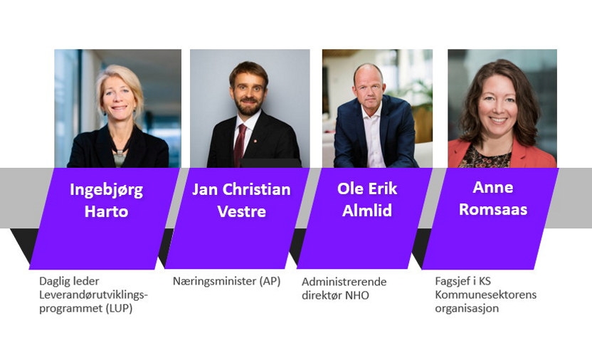 Bildecollage med Ingebjørg Harto, LUP, næringsminister Jan Christian Vestre, Ole Erik Almlid, NHO og Anne Romsaas, KS