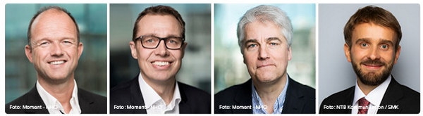 Bildecollage med næringsminister Jan Christian Vestre, administrerende direktør i NHO Ole Erik Almlid, sjeføkonom i NHO Øystein Dørum og direktør for kommunikasjon, samfunn og regioner i NHO Christian Chramer